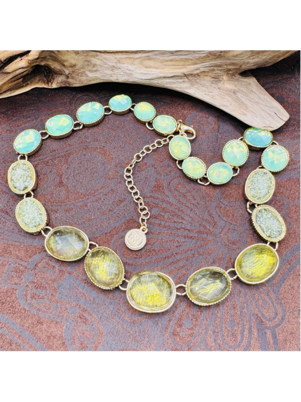Dana Buchman Gold Tone Statement Necklace | Seafoam Green & Olive Faceted Stones